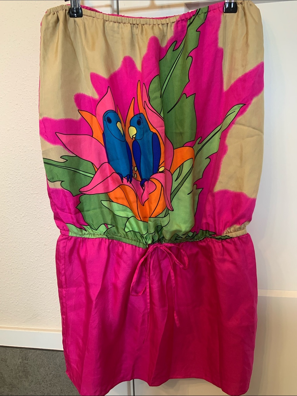 Tibi NY Strapless Tropical Parrot Resort Silk Dress